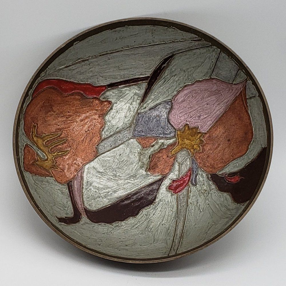 Vintage India Solid Brass Cloisonné Enameled Floral Pedestal or Console Dish